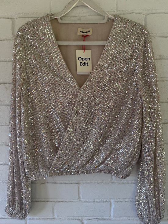 Open Edit Tops - OPEN EDIT Sequin Long-Sleeve Wrap Blouse - Womens SMALL *NWT*